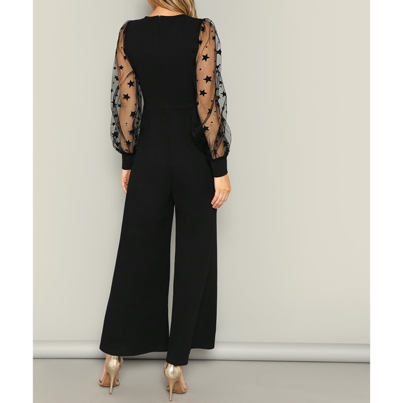 Black Mesh Star Print Sleeves Wide Leg Jumpsuit - Picture 3 of 7